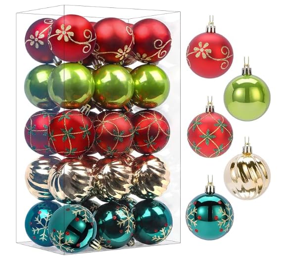 SHareconn 30ct 2.36 Inch Christmas Tree Balls Ornaments, Colored Shatterproof Plastic Decorative Baubles Decorations for Xmas Tree Decor Holiday Party Wedding Decoration (Red & Green Gold, 60mm) - Image 1